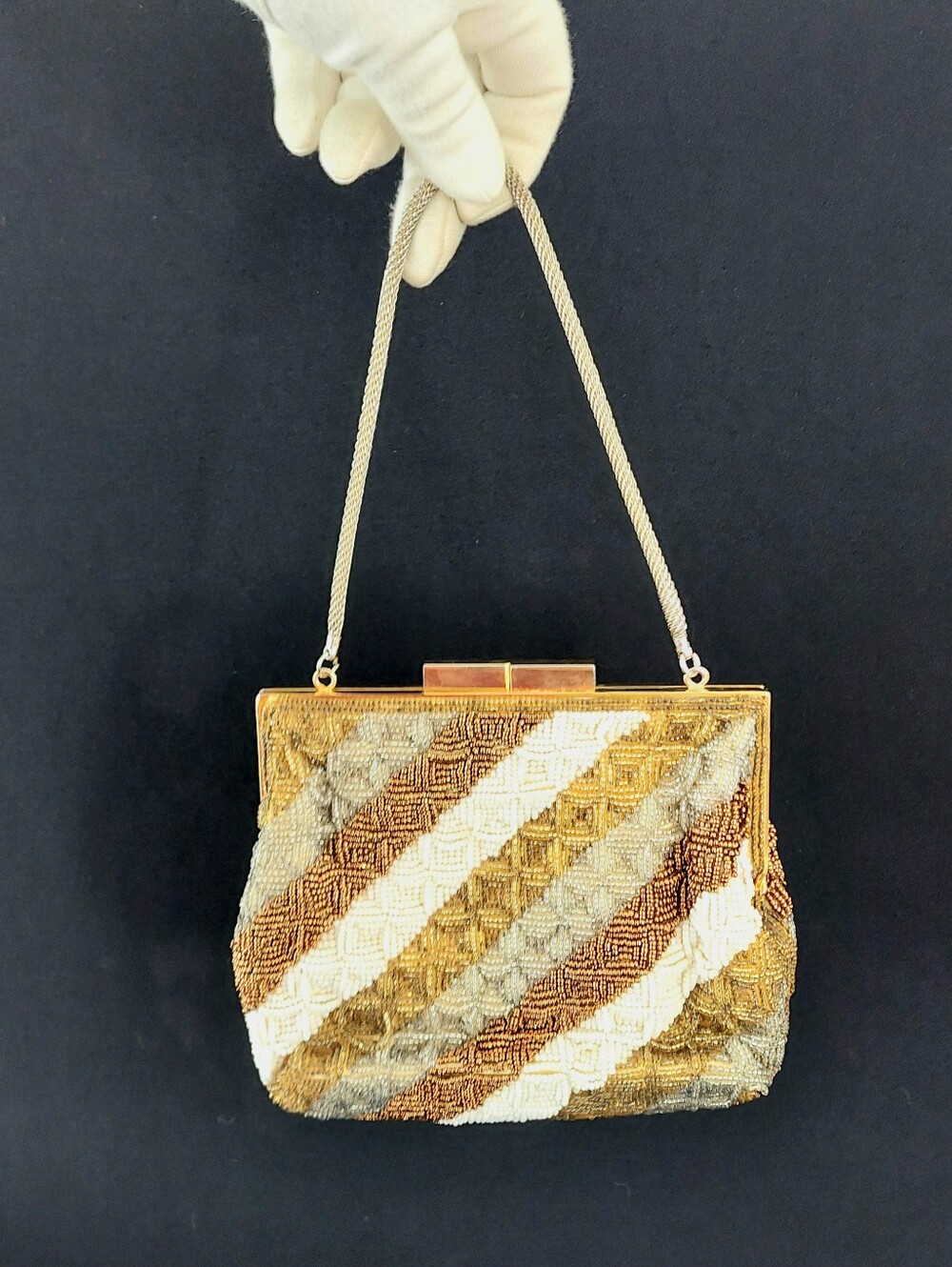Vintage Gold & White Hand Beaded Evening Bag Purse Made in Hong Kong